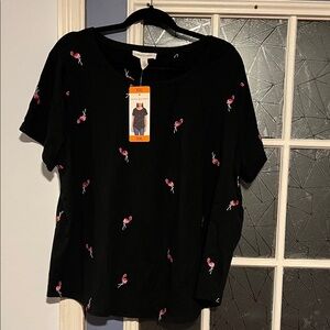 Vintage America Black Short Sleeve Top with Pink Flamingo Embroidery